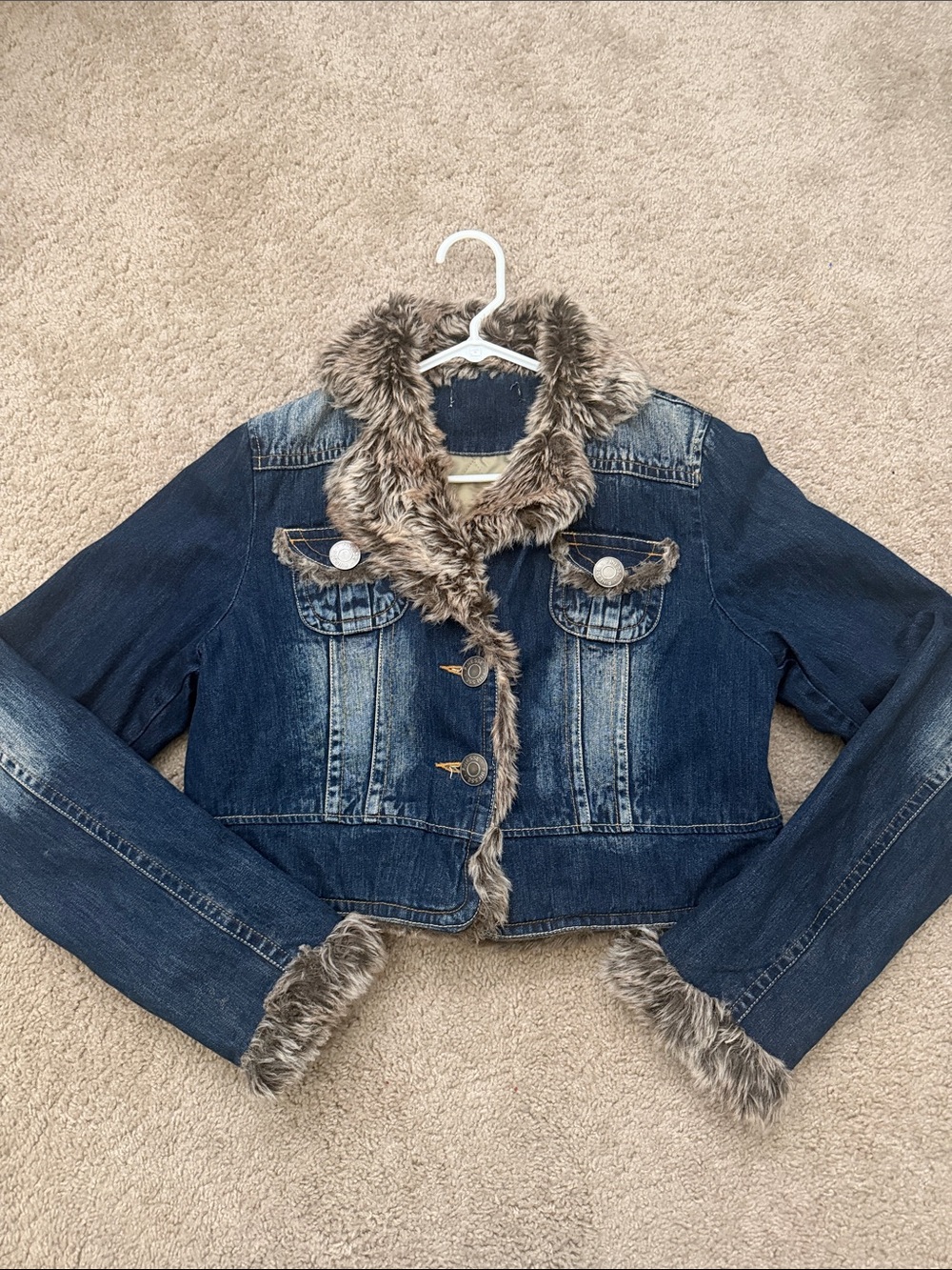 Women’s Faux Fur Trim Denim Jacket - Blue